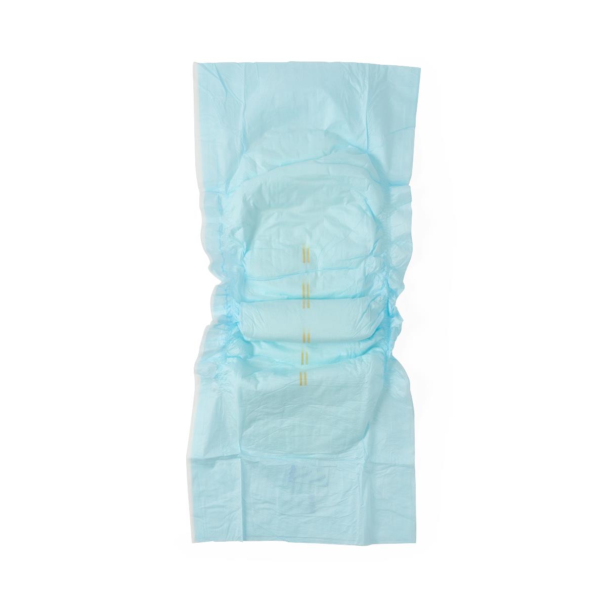 Incontinence brief laid flat showing light blue outer cover, contoured absorbent core, and yellow wetness indicator strips