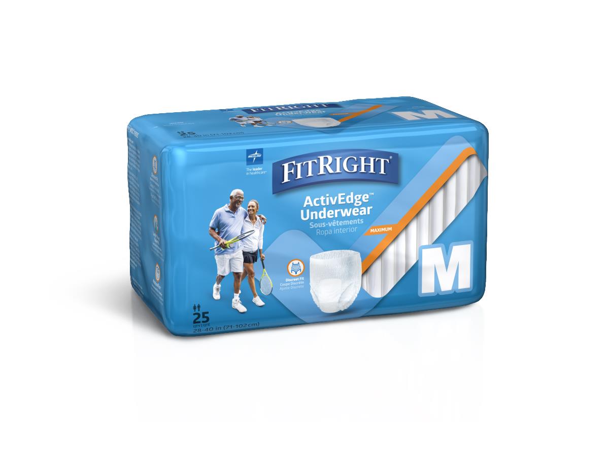 Protective underwear in blue Medium-size package of 25, featuring FitRight ActivEdge branding and active adults on the front