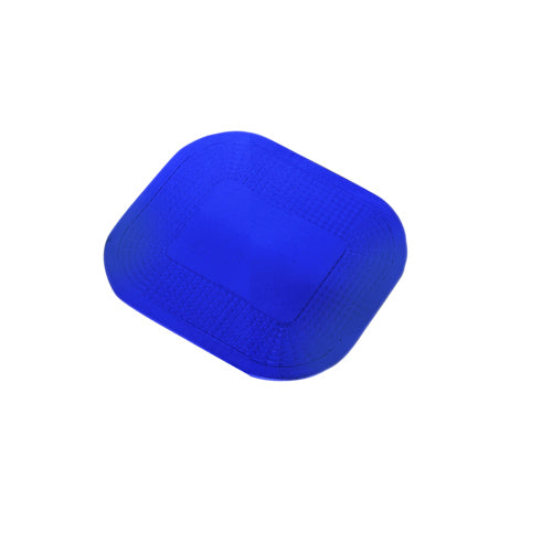 Dycem non-slip pad in blue, square shape with rounded corners and textured surface, shown at an angle