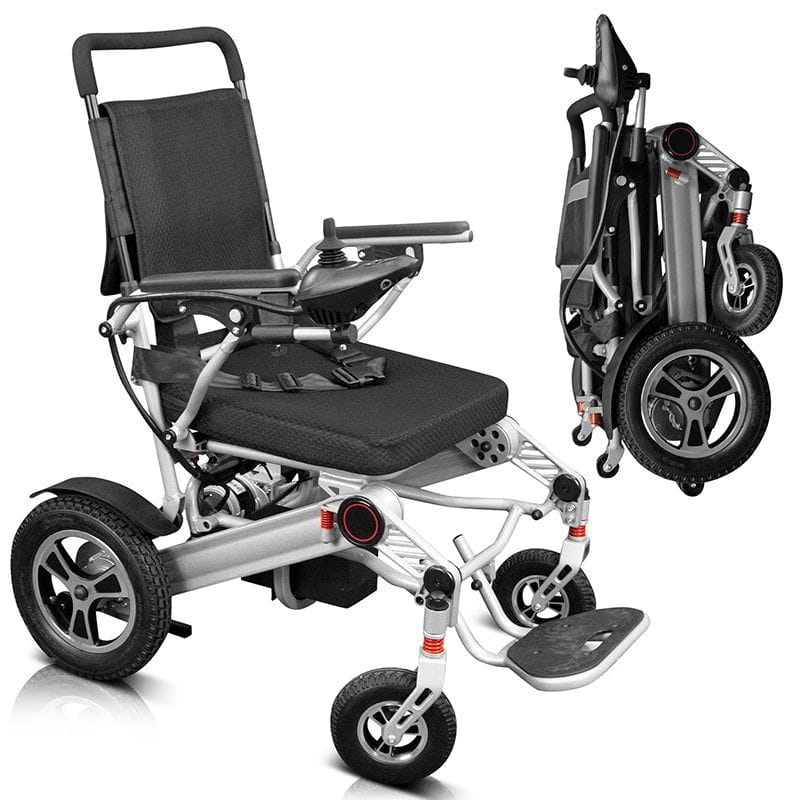 Folding power wheelchair shown open with joystick controller and seatbelt alongside compact folded position, silver frame