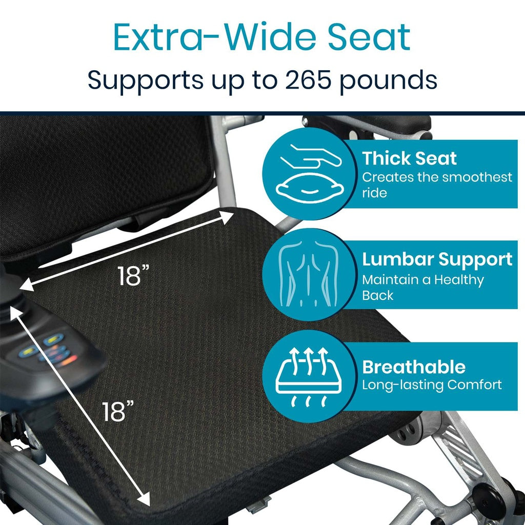 Folding power wheelchair seat close-up showing black padded 18x18 inch extra-wide seat with lumbar support and breathable