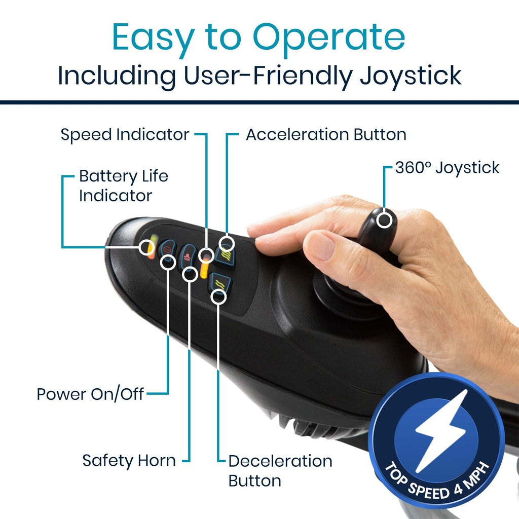 Power wheelchair joystick controller with labeled controls including speed indicator, battery life indicator, power button