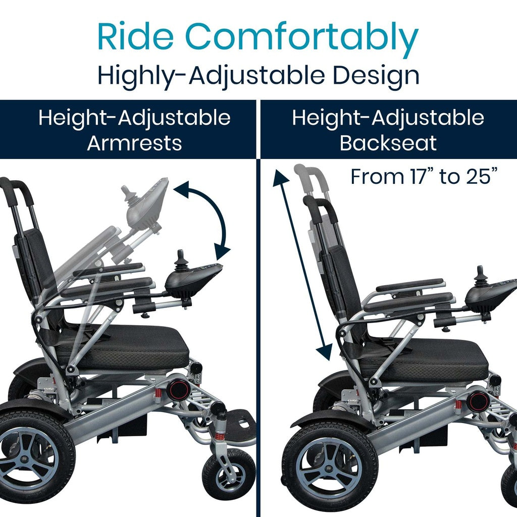 Folding power wheelchair shown in two views highlighting height-adjustable armrests and height-adjustable backseat with