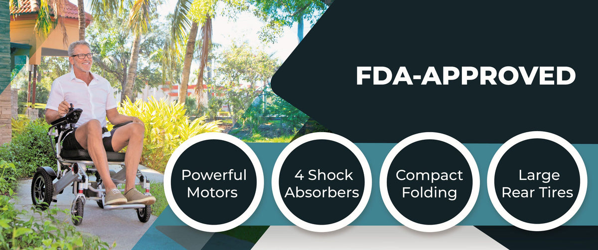 Folding power wheelchair ridden outdoors by smiling older man near palm trees, with feature callouts and FDA-Approved text
