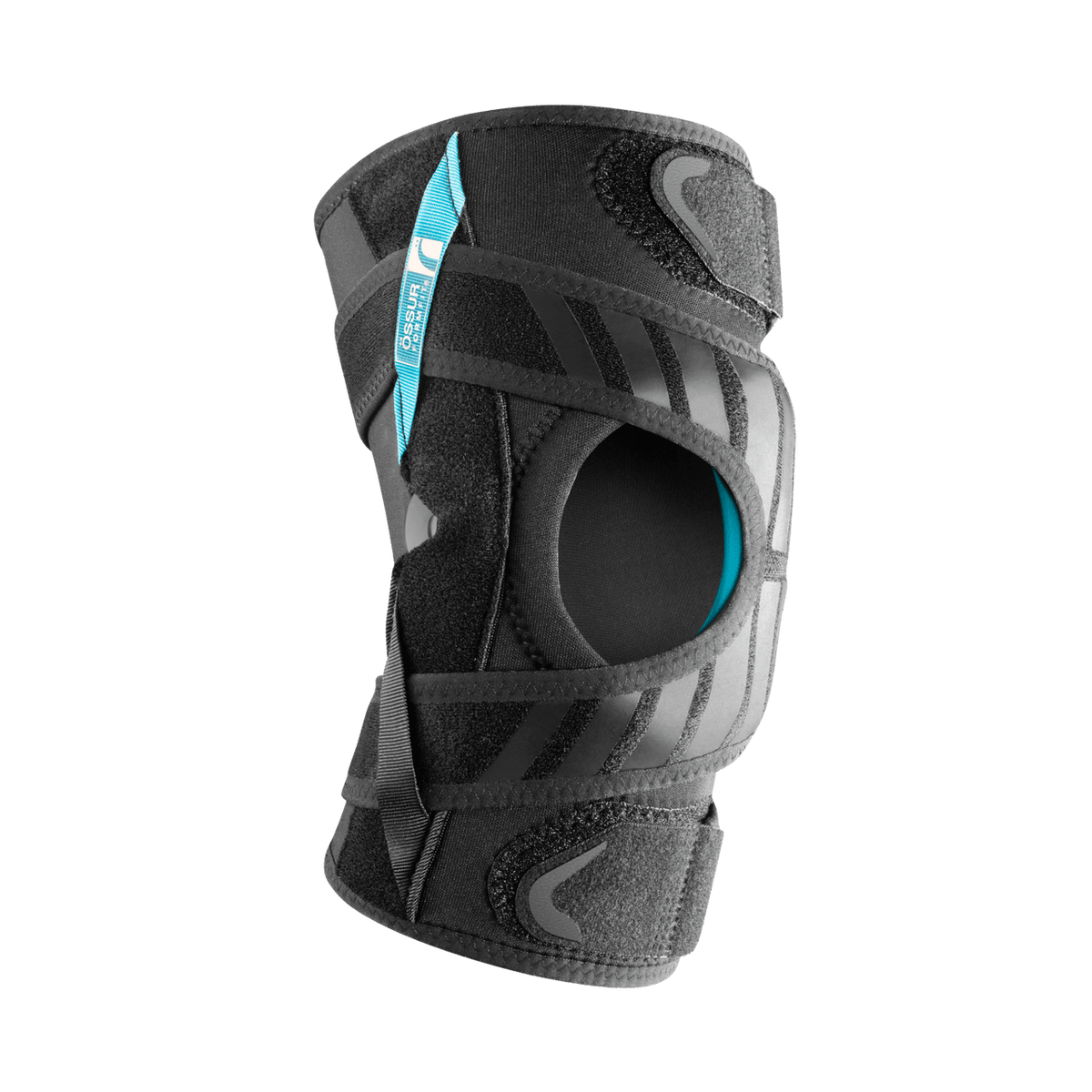 Össur Formfit Tracker knee brace in black with teal accents, open patella design, adjustable straps, and lateral hinges