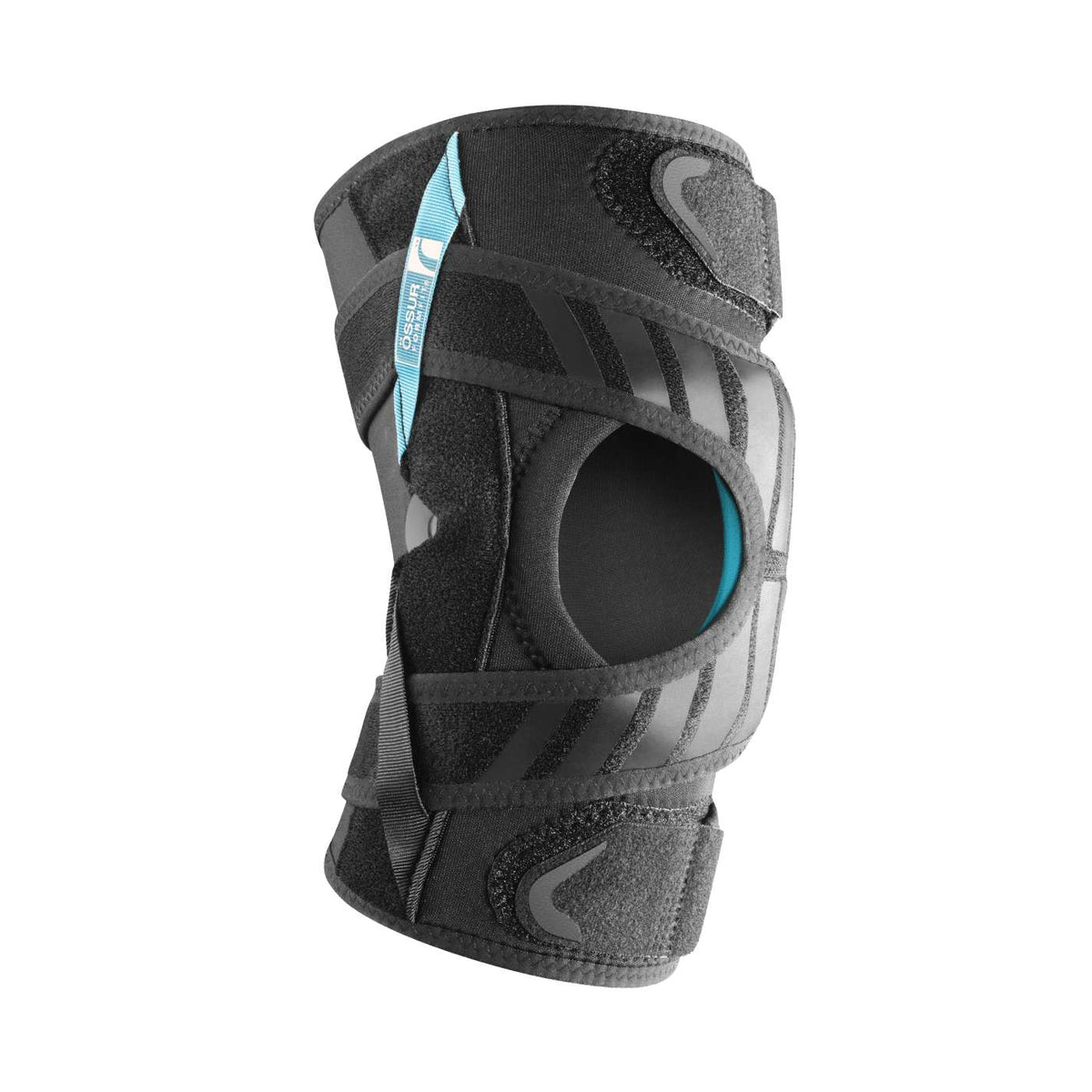 Knee brace with open patella cutout, lateral stabilizers, adjustable straps, and teal accent details in black and gray