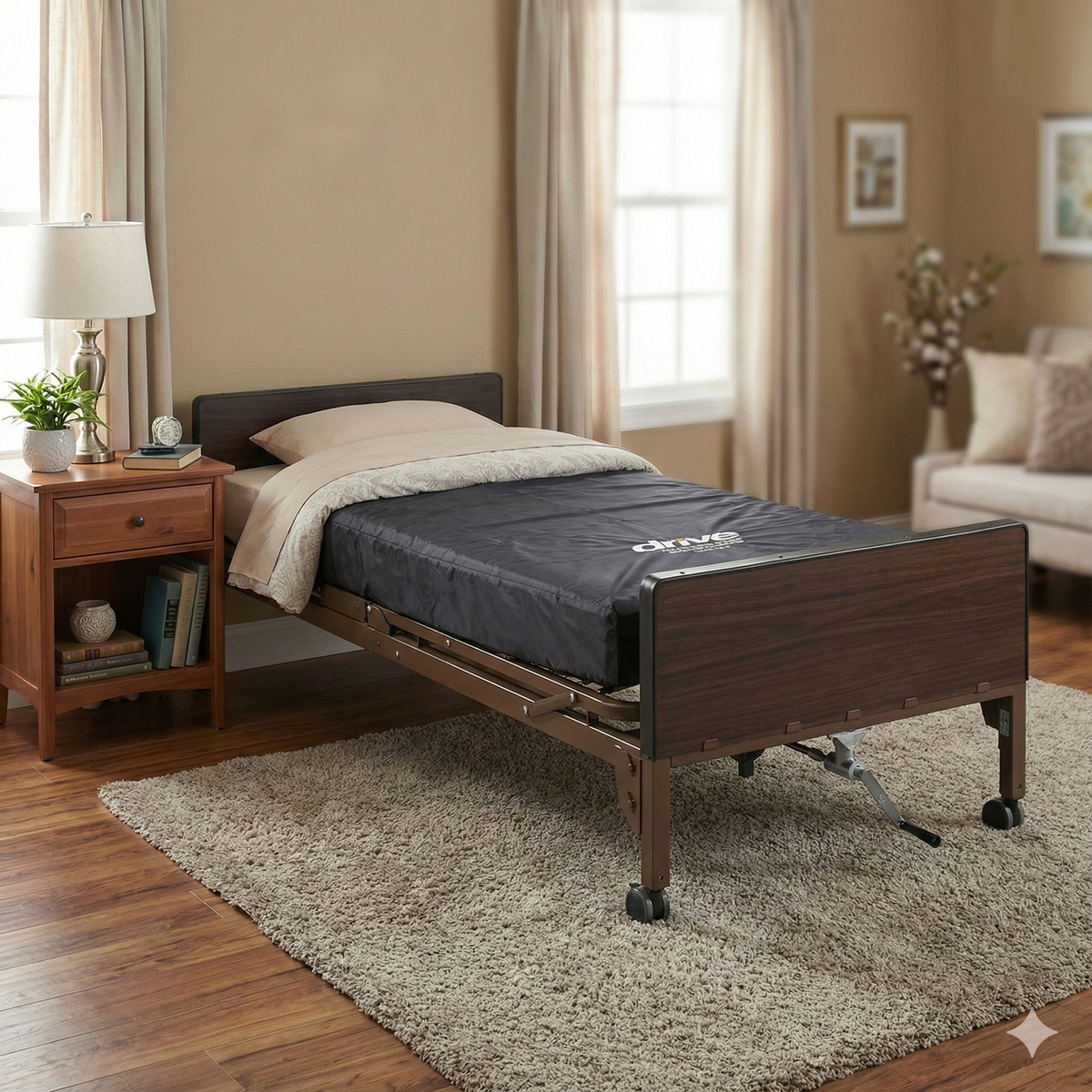 Full electric hospital bed with dark wood panels, black mattress, and tan bedding, shown in a home bedroom setting