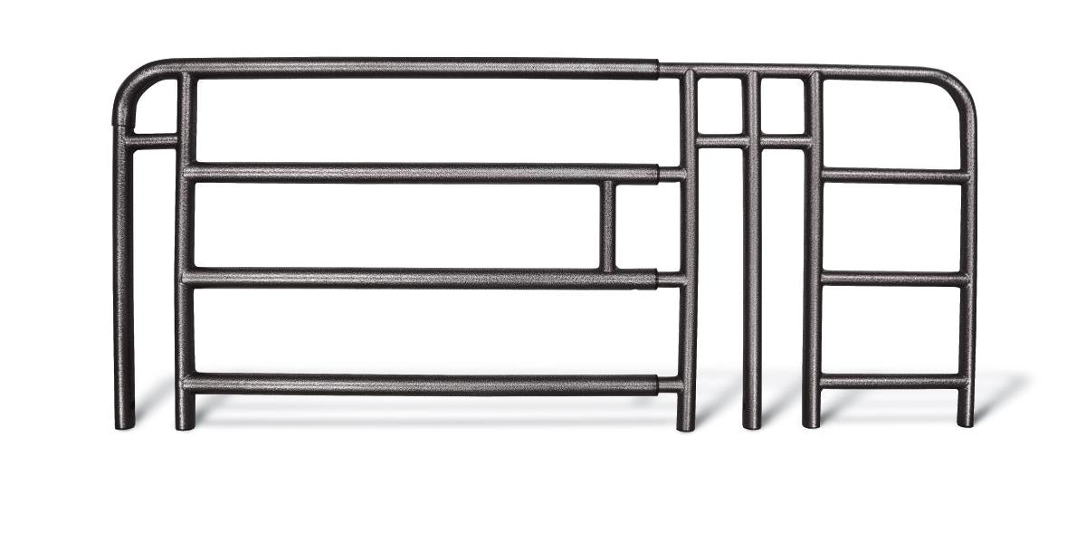 Half-length metal bed rail with dark textured finish, shown in two-section configuration against white background
