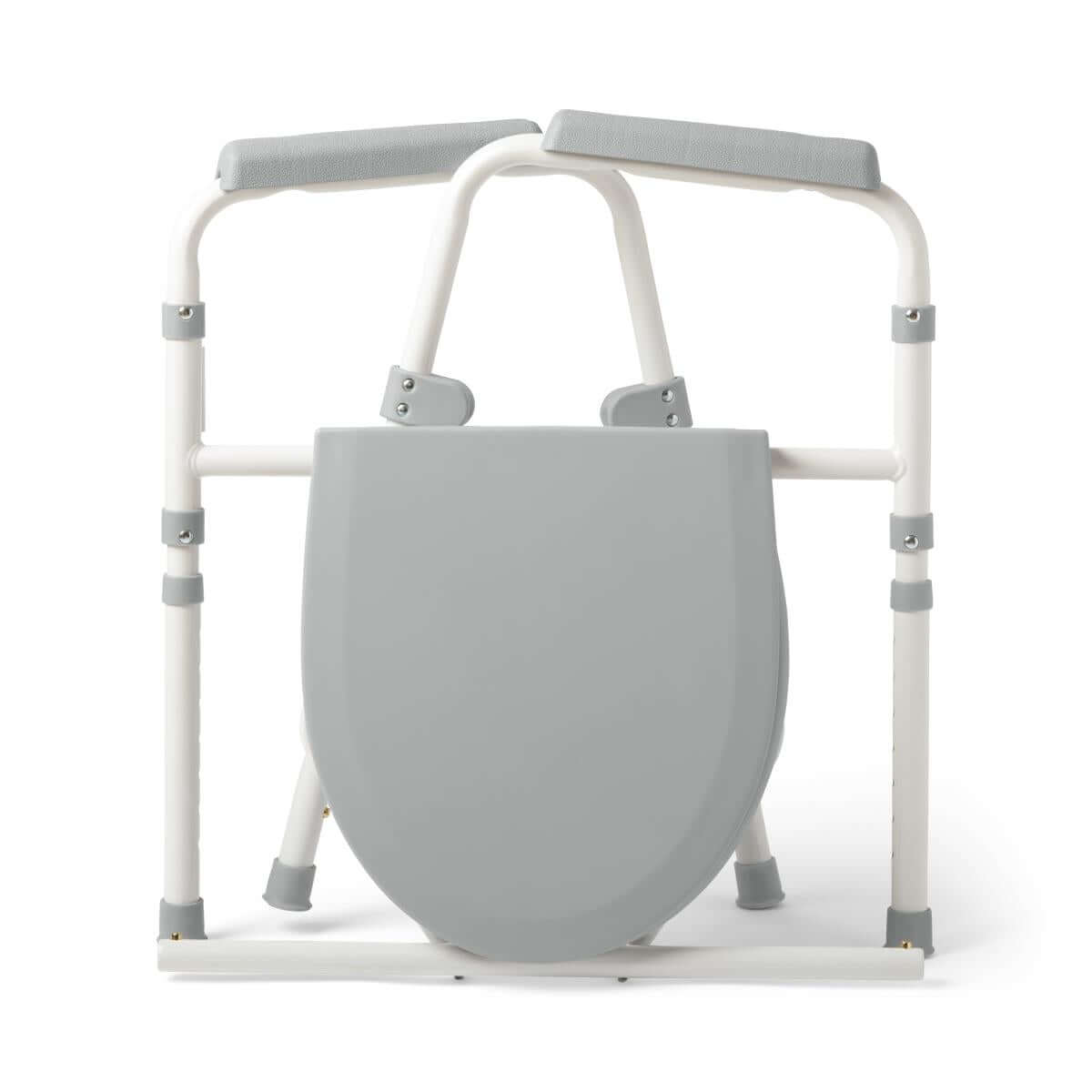 Folding steel 3-in-1 commode with padded armrests, gray seat, adjustable legs, and non-slip feet, shown from the front
