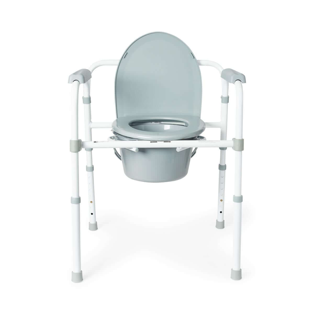 Folding steel 3-in-1 commode with gray seat and lid, white adjustable frame, armrests, and removable bucket with front view