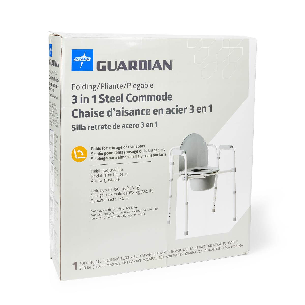 Folding steel 3-in-1 commode in Guardian branded packaging showing product image on white box