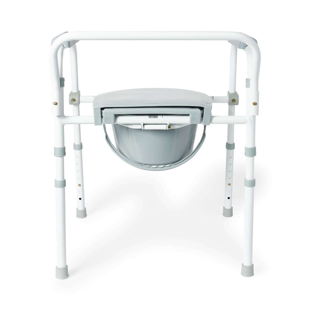 Folding steel 3-in-1 commode with white frame, gray padded seat, removable bucket, and height-adjustable legs shown from