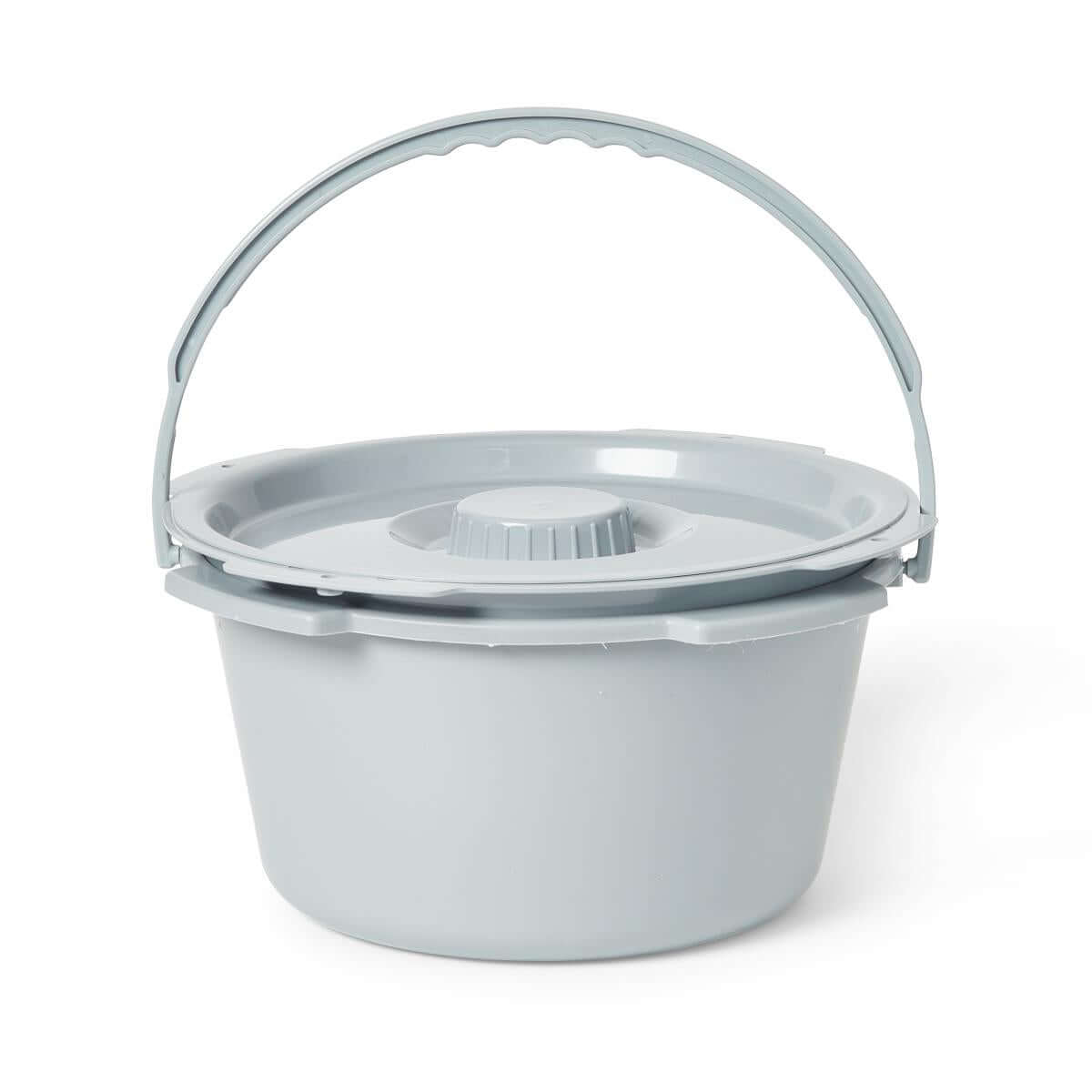Commode bucket with lid and carry handle in light gray plastic, shown on white background