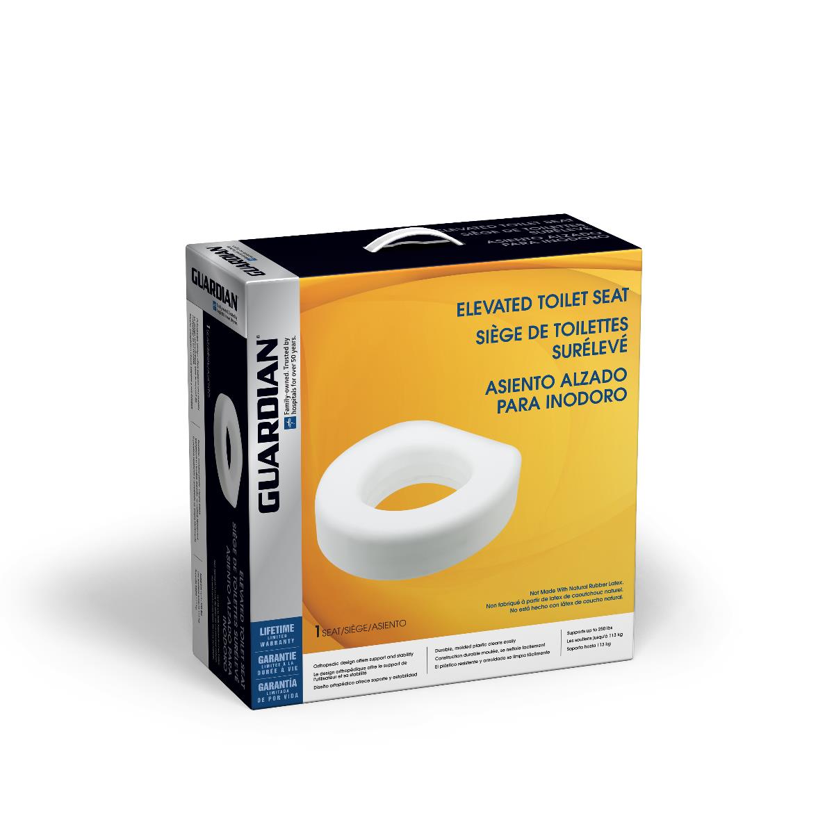 Elevated toilet seat in Guardian-branded yellow and black retail box with multilingual labeling and product image on front