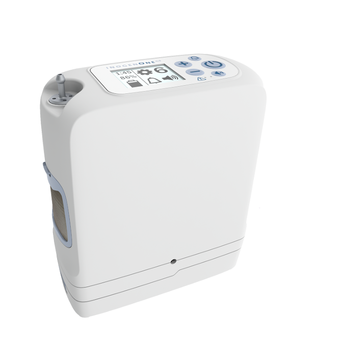 Portable oxygen concentrator with white casing, digital display screen, blue control buttons, and side ventilation panel