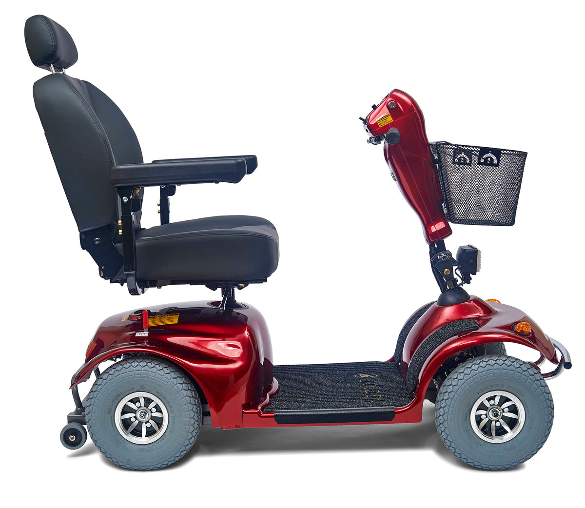 4-wheel power mobility scooter in red with high-back seat, headrest, armrests, front wire basket, and large pneumatic tires