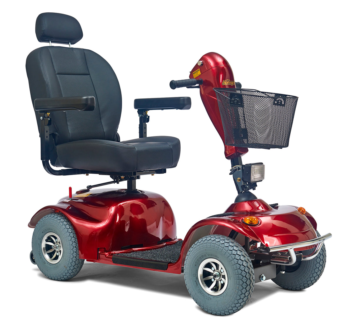 Power mobility scooter in red with four wheels, padded captain's seat with headrest, tiller handlebar, front basket, and