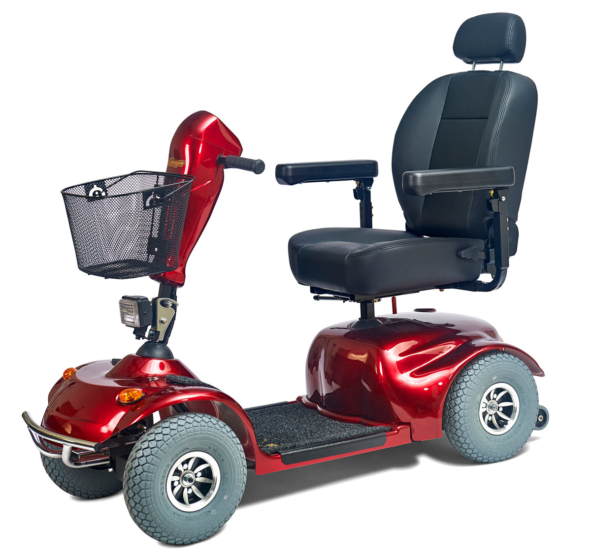 4-wheel mobility scooter in red with black captain's seat, headrest, armrests, front basket, and large pneumatic tires