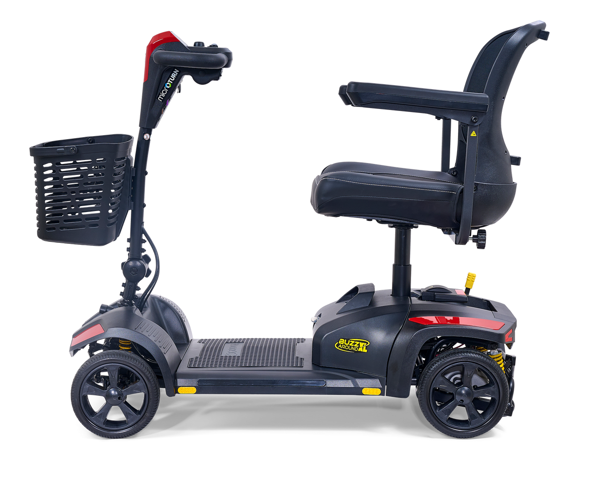 Side profile of black BuzzAround XL microTURN scooter with red accents and front basket