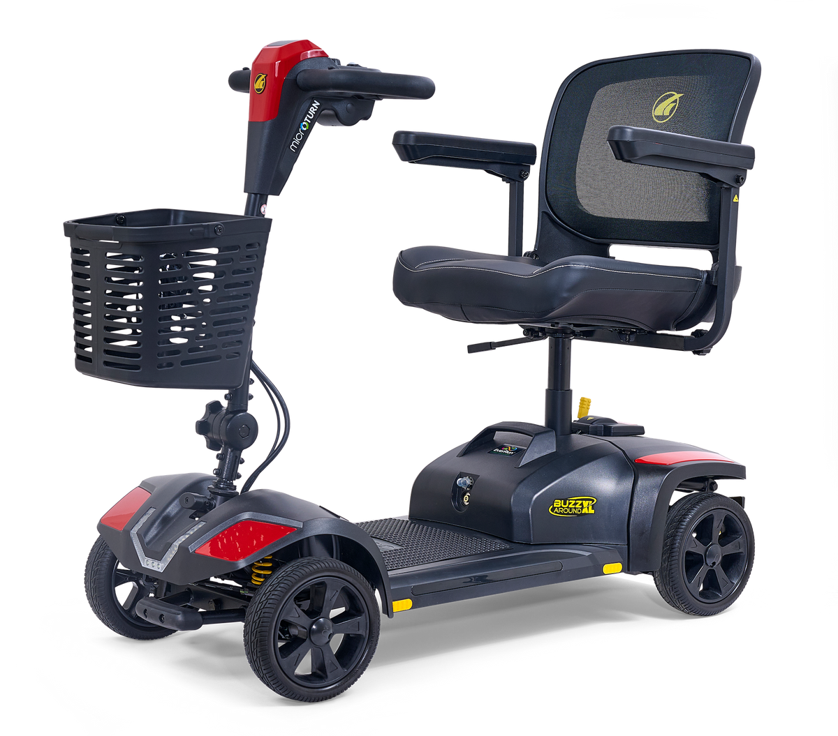 Black and red BuzzAround XL microTURN four-wheel scooter with mesh backrest