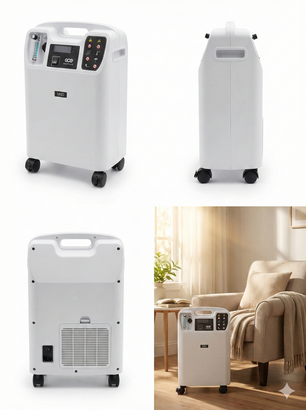 Stationary oxygen concentrator on wheels shown from four angles including front, side, rear, and in a home living room