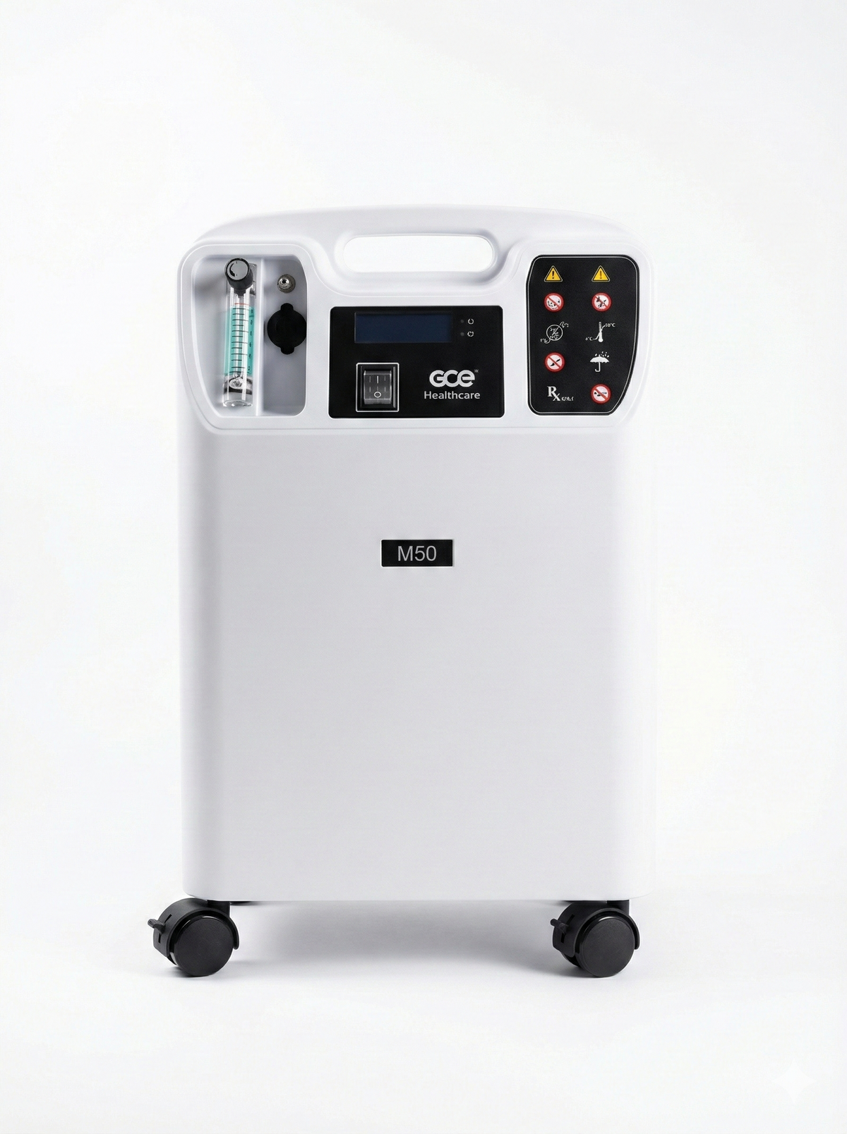 GCE M50 stationary oxygen concentrator, white upright unit with carry handle, flow meter, control panel, and four rolling