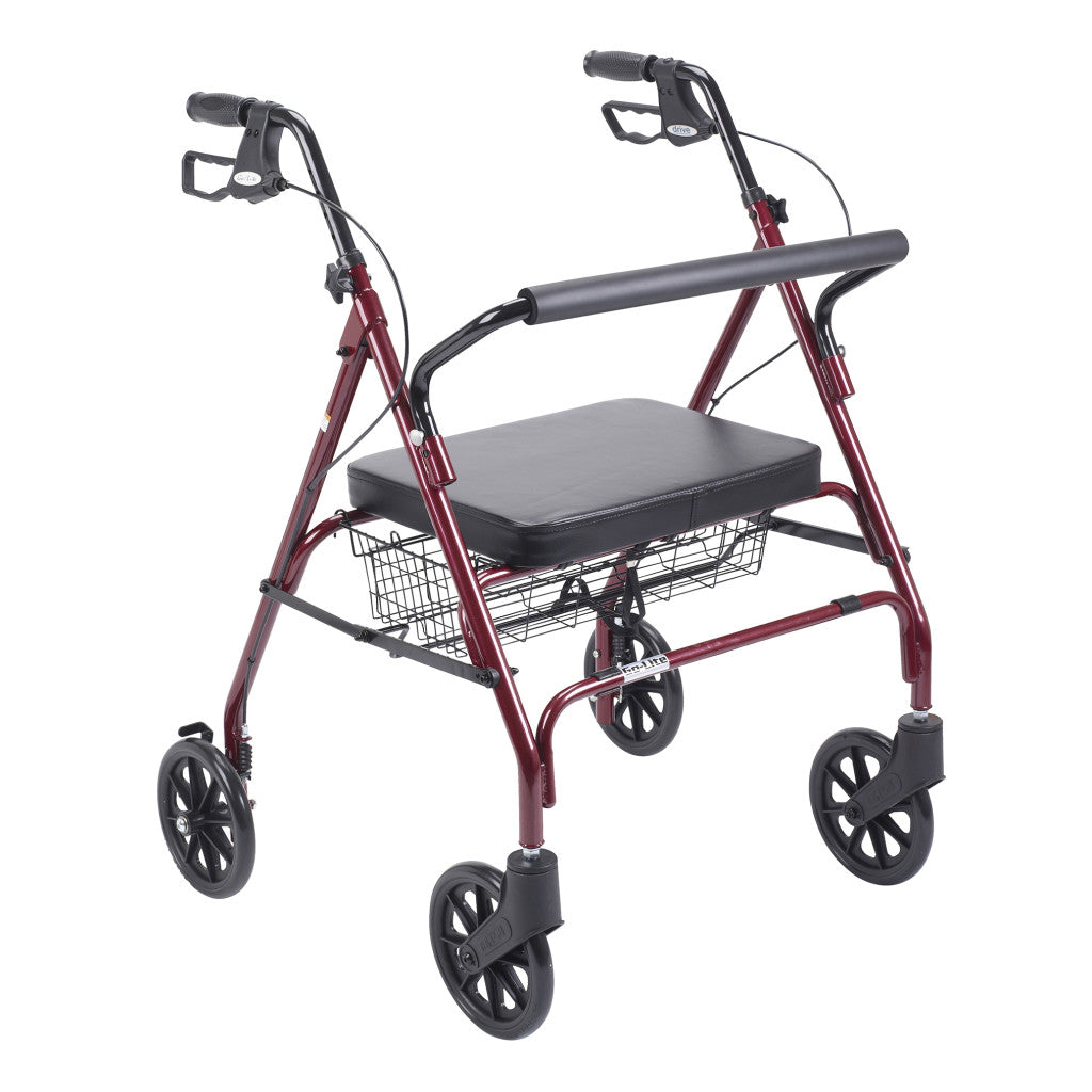 Rollator walker with red steel frame, black padded seat, back support bar, hand brakes, wire basket, and four large wheels