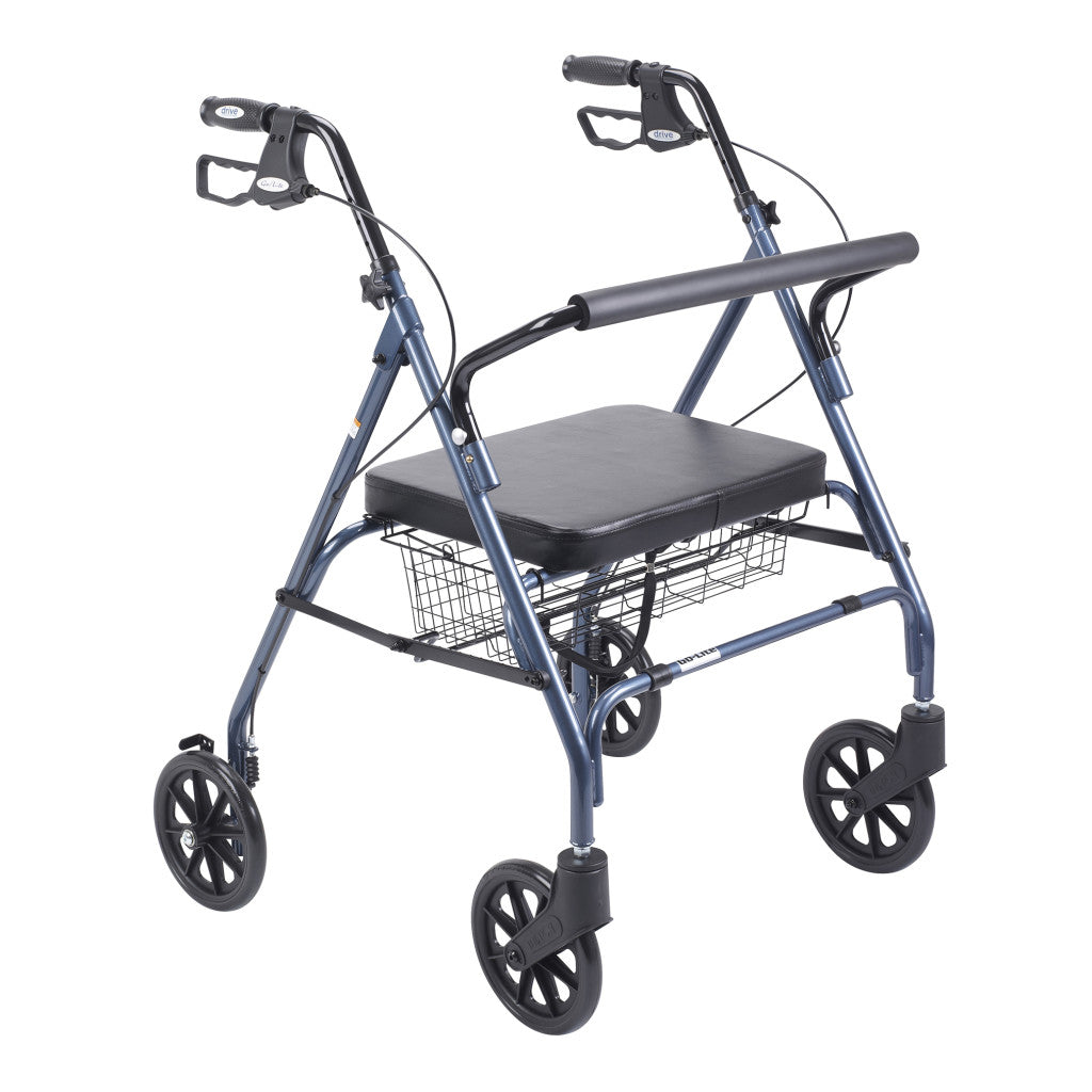 Rollator walker with blue steel frame, padded seat, hand brakes, wire basket, and large black wheels on white background