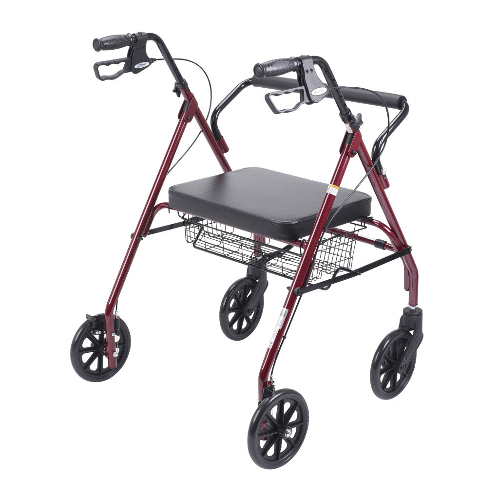 Rollator walker with red steel frame, black padded seat, hand brakes, wire storage basket, and four large black wheels