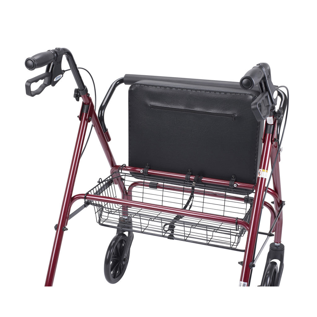 Rollator walker with burgundy steel frame, padded black seat, loop hand brakes, and wire storage basket beneath