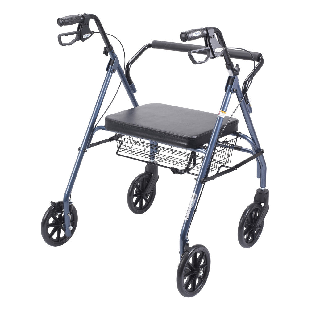 Rollator walker with blue steel frame, padded seat, hand brakes, wire storage basket, and large black wheels on white