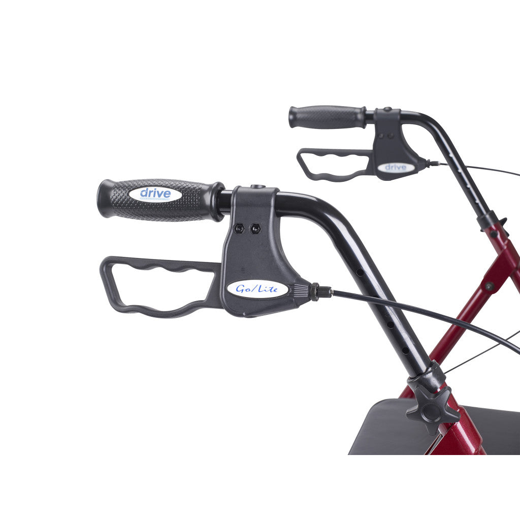 Rollator handlebar close-up showing textured grip, loop brake lever, and cable on a red steel frame