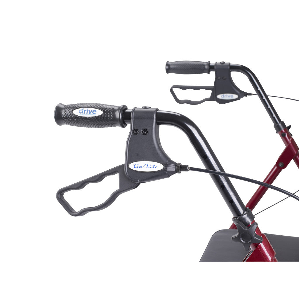Rollator handlebar closeup showing dual loop-style hand brakes, textured grips, and cable on a red steel frame