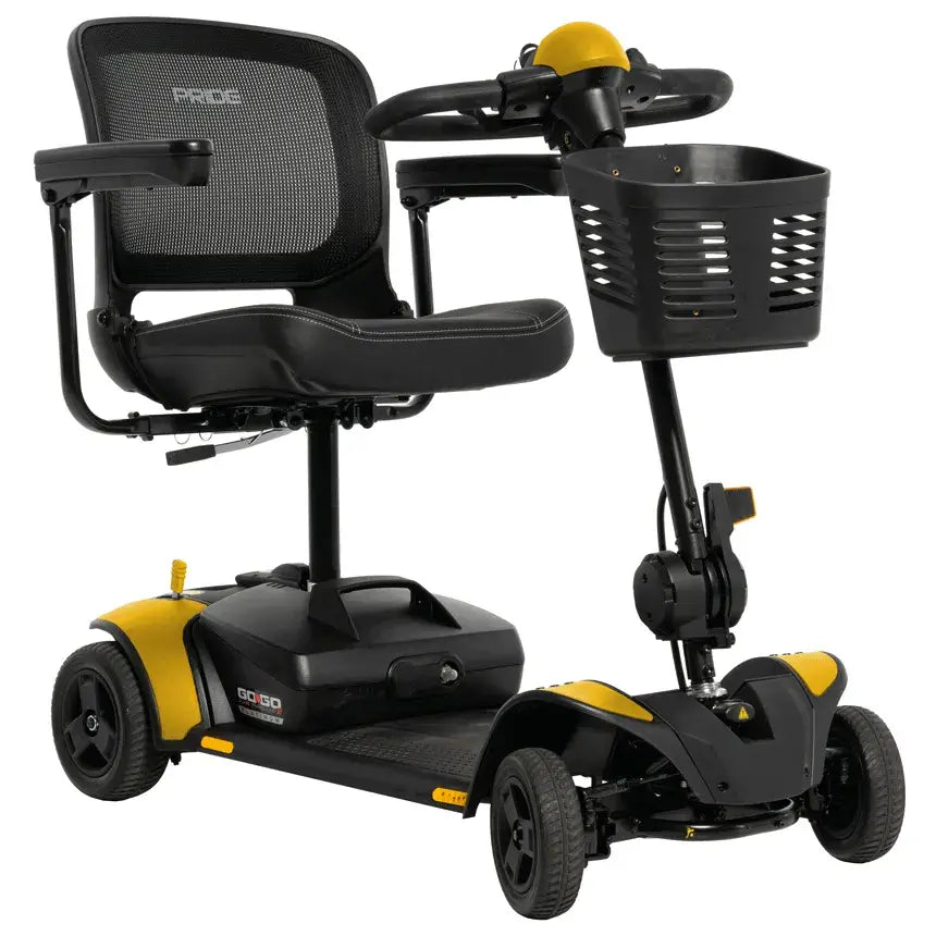 Pride Go-Go Elite Traveller 2 Platinum 4-wheel mobility scooter in black and yellow with mesh back seat and front basket
