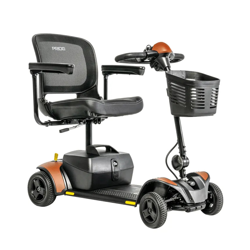 Power mobility scooter with four wheels, mesh back seat, tiller controls, front basket, and bronze accent panels