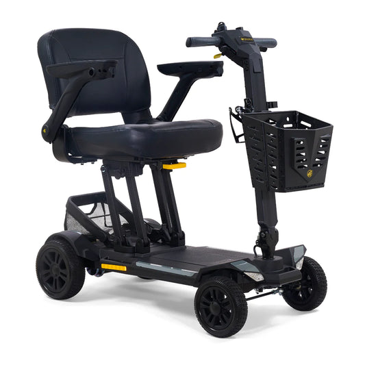 Golden Tech Buzzaround CarryOn HD GB220 Travel Scooter with a comfortable seat and basket for storage.