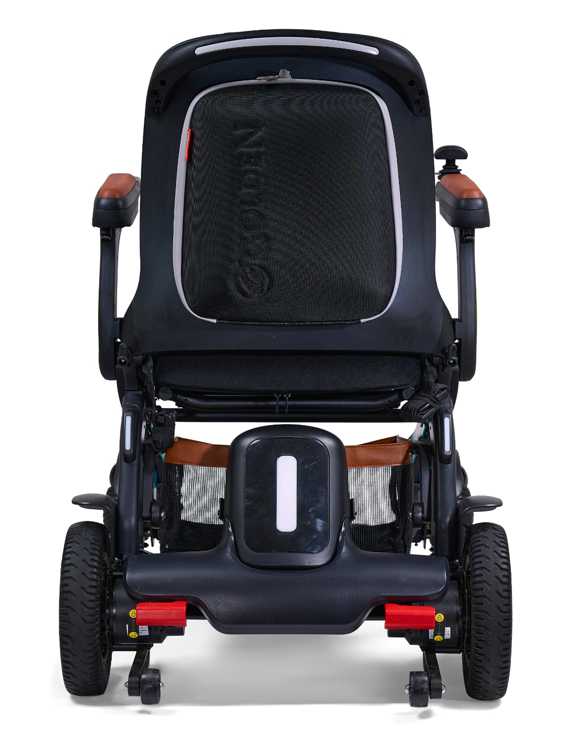 Power wheelchair with black mesh seatback, brown armrests, joystick controller, rear LED light strip, and red quick-release