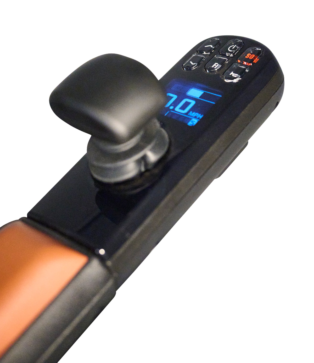 Power wheelchair joystick controller with blue LCD display showing 7.0 MPH and multiple function buttons on black tiller arm