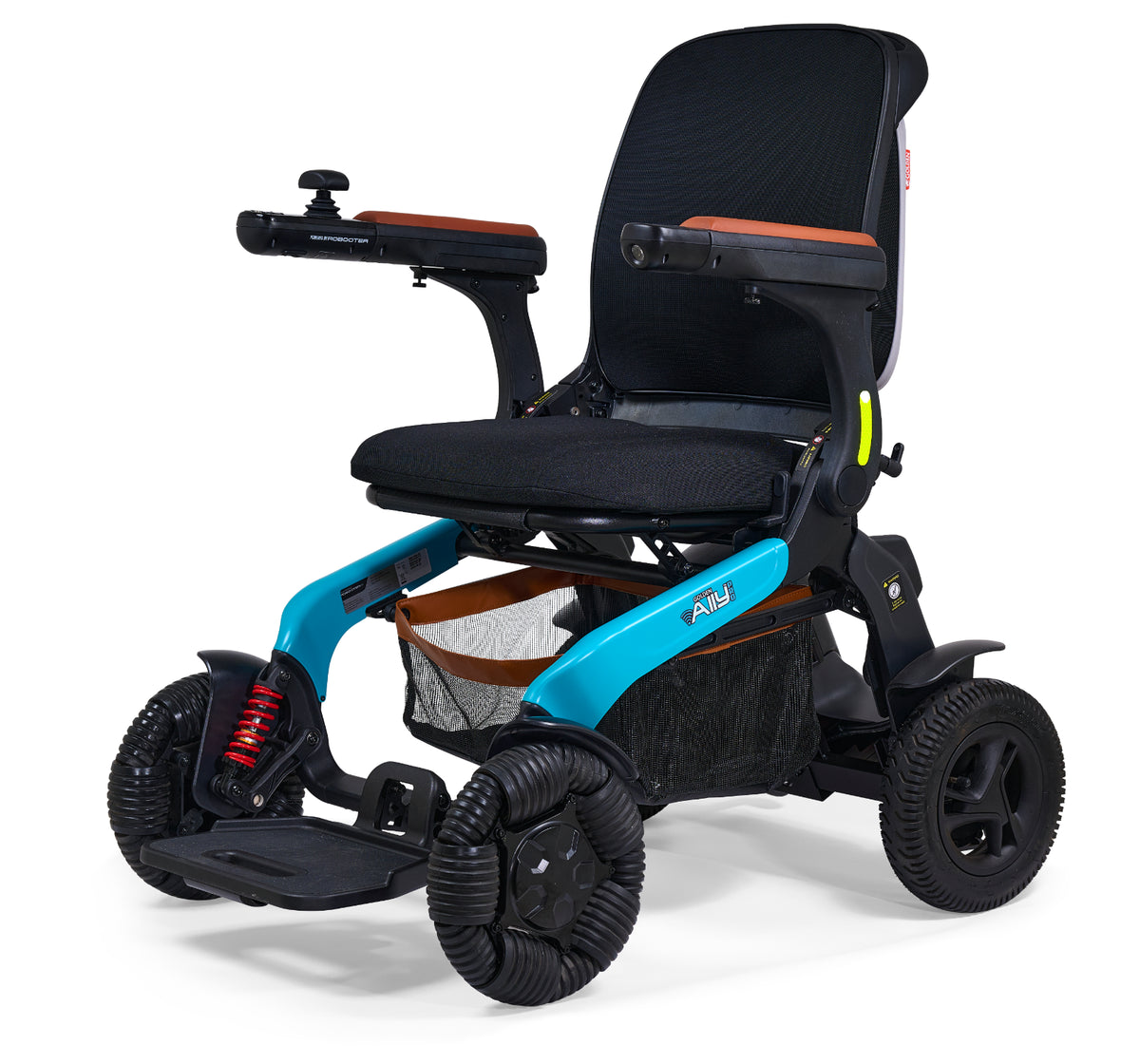Power wheelchair with teal frame, black mesh seat and high back, joystick control, red suspension springs, and all-terrain