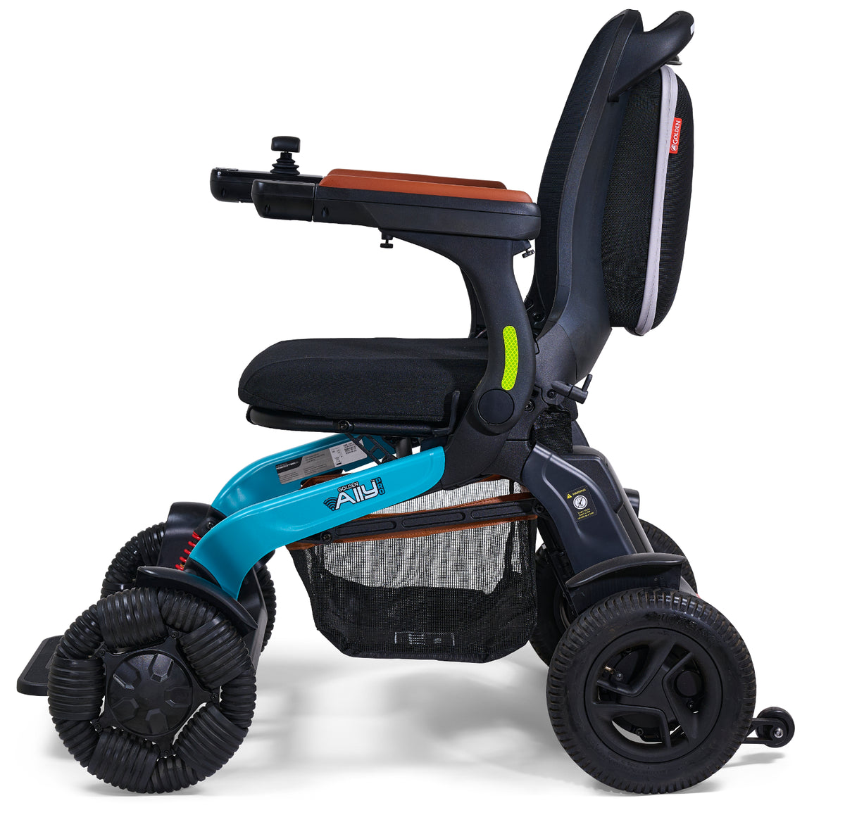 Power wheelchair with teal frame, black mesh seat and back, joystick controller, under-seat storage basket, and four black