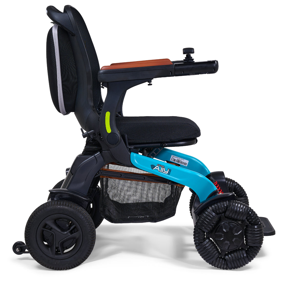 Power wheelchair with teal frame, mesh back, joystick controller, padded seat, and all-terrain wheels shown from the side