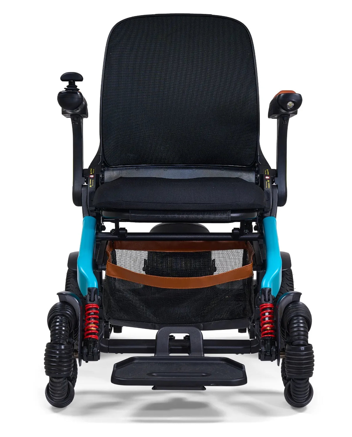 Power wheelchair with black mesh seat and backrest, teal frame, red coil suspension, joystick control, and footrest, front