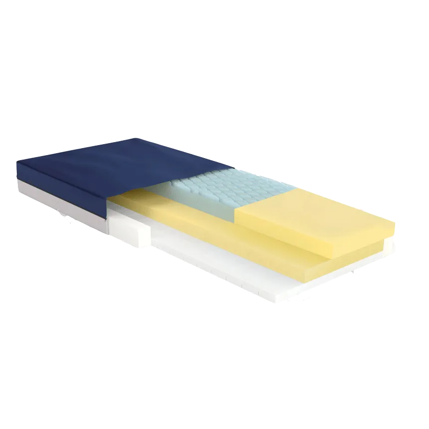 Hospital bed mattress with navy blue cover, shown in cutaway view revealing layered foam and gel construction