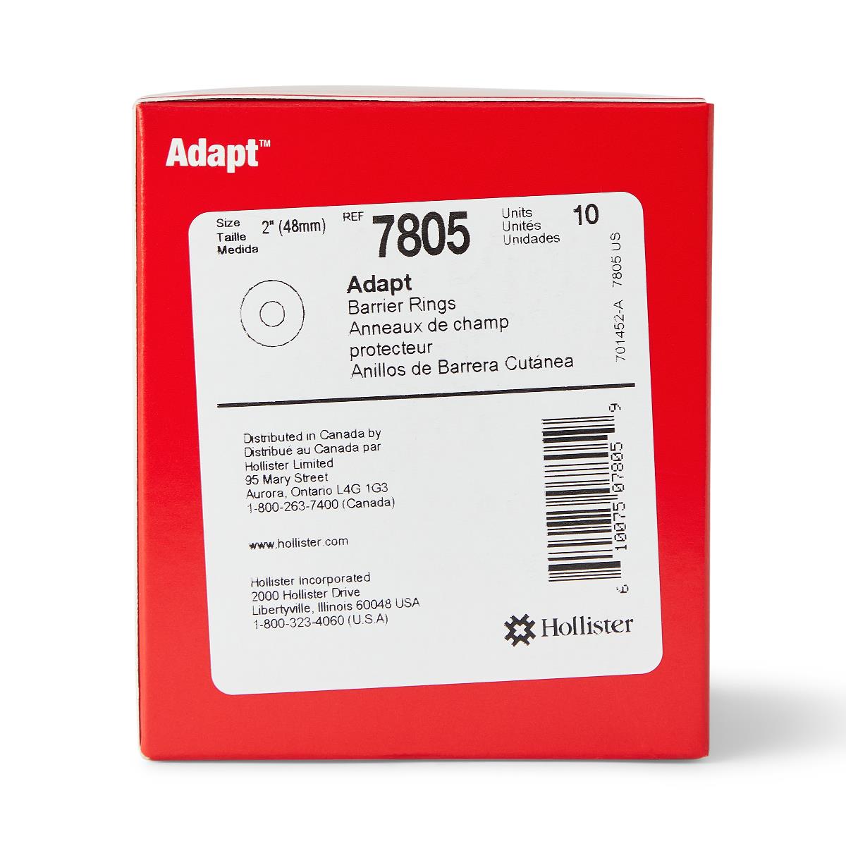 Hollister Adapt Barrier Rings red product box, ref 7805, 2-inch size, 10 units, with label and barcode on white background