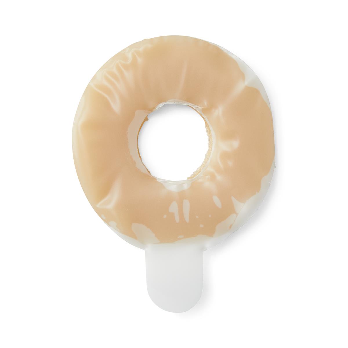 Ostomy barrier ring with a round donut shape, center opening, and small plastic tab, shown on a white background