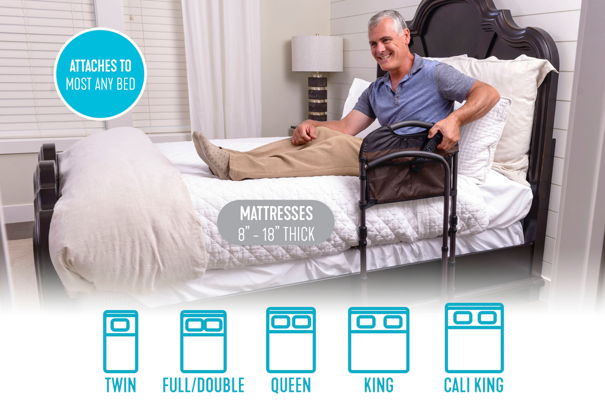 Mobility bed rail with storage pouch attached to a home bed, shown with a man using it to sit up