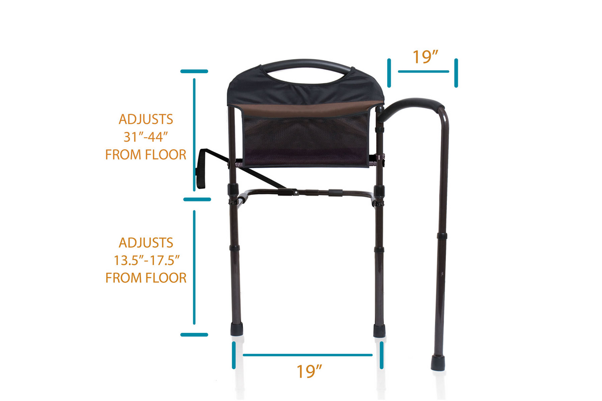 Mobility bed rail with mesh back panel and dark metal frame, showing width and height adjustment dimension callouts