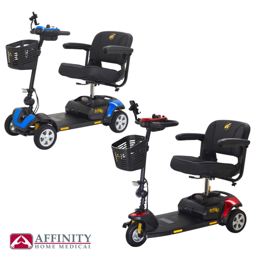 Golden Technologies BuzzAround XL mobility scooters shown in blue four-wheel and red three-wheel versions with front baskets