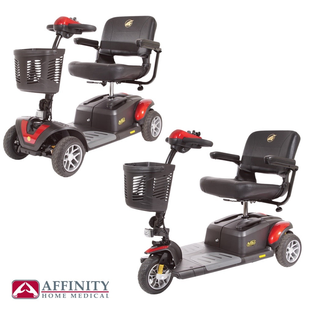 BuzzAround EX mobility scooters shown in 4-wheel and 3-wheel configurations, black and red with front basket and padded seat