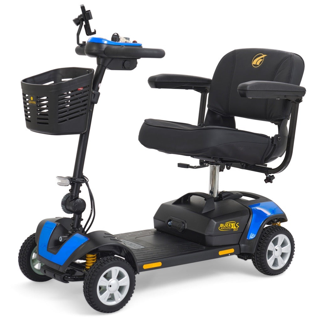 4-wheel mobility scooter in blue and black with padded seat, armrests, tiller controls, front basket, and suspension wheels